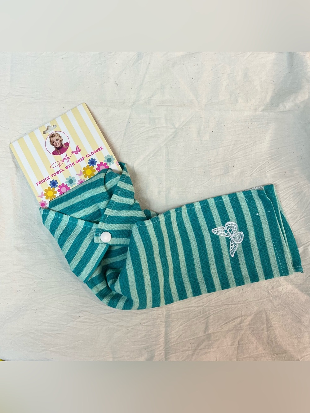 DOLLY PARTON Hanging Kitchen Towel Snap Closure Refrigerator Oven Drawer Teal